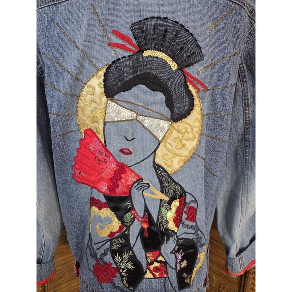 Chico's Design Applique & Beaded Denim Jacket Size 1 (8) Geisha Girl Design - Picture 1 of 12